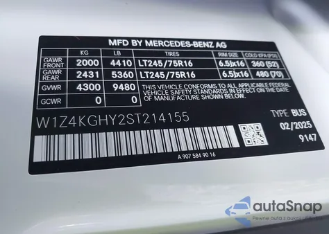 2025 Mercedes-Benz Sprinter 2500 from USA, damaged, VIN W1Z4KGHY2ST214155